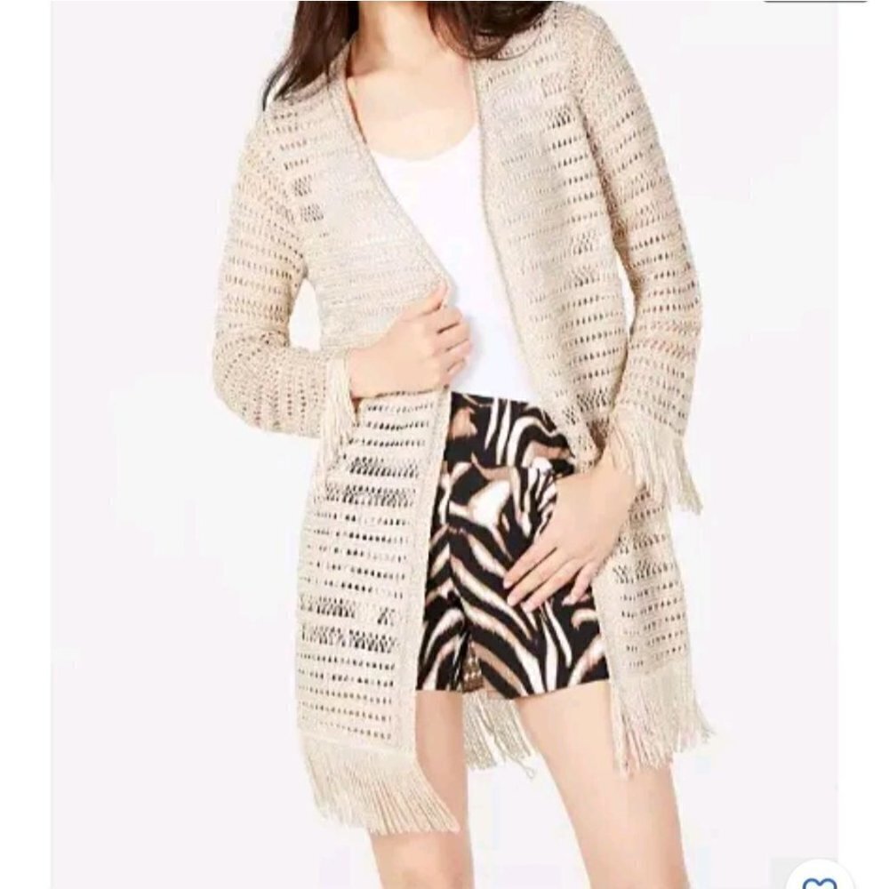 Inc International Gold Crochet Long Lines Fringe Open Cardigan Sweater Size M